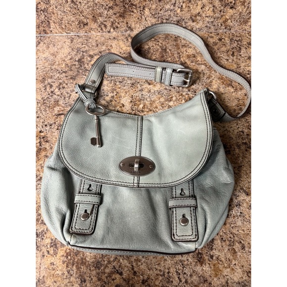 Fossil Handbags - Fossil‎ Leather Crossbody Bag Turn Lock Key Charm Light Green Shoulder Purse